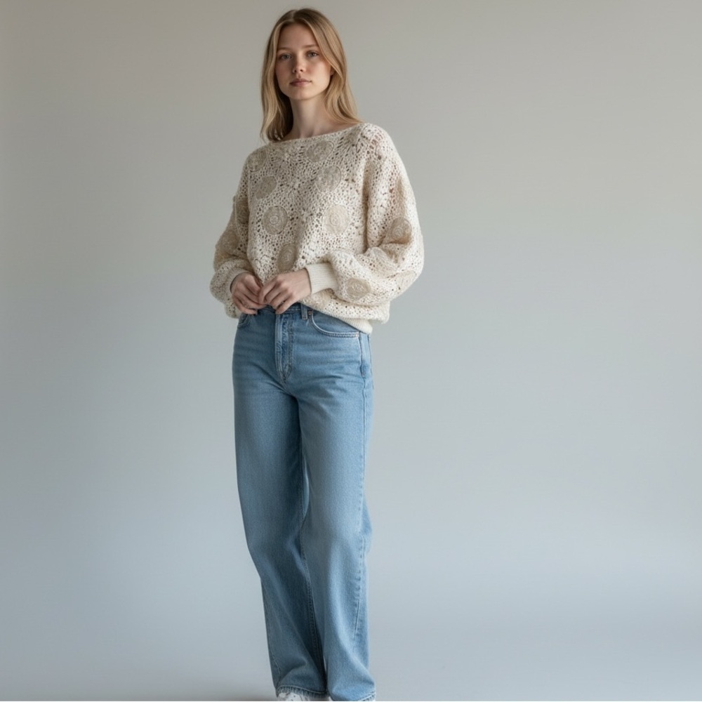 Vintage Handcrafted Granny Crochet Sweater Floral Embroidered Pullover Ivory L